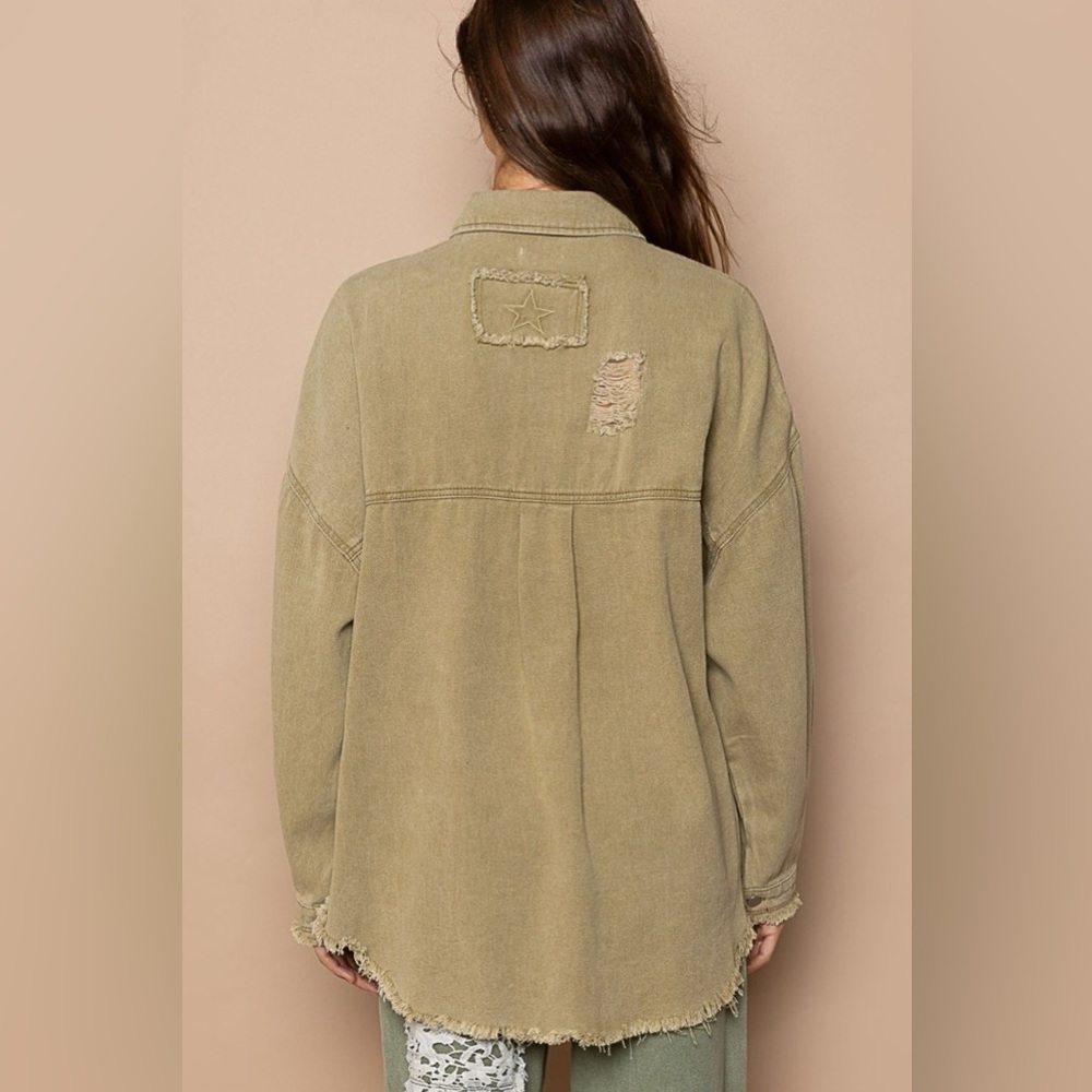 Pol Button Down Raw Hem Distressed Shacket - image 2